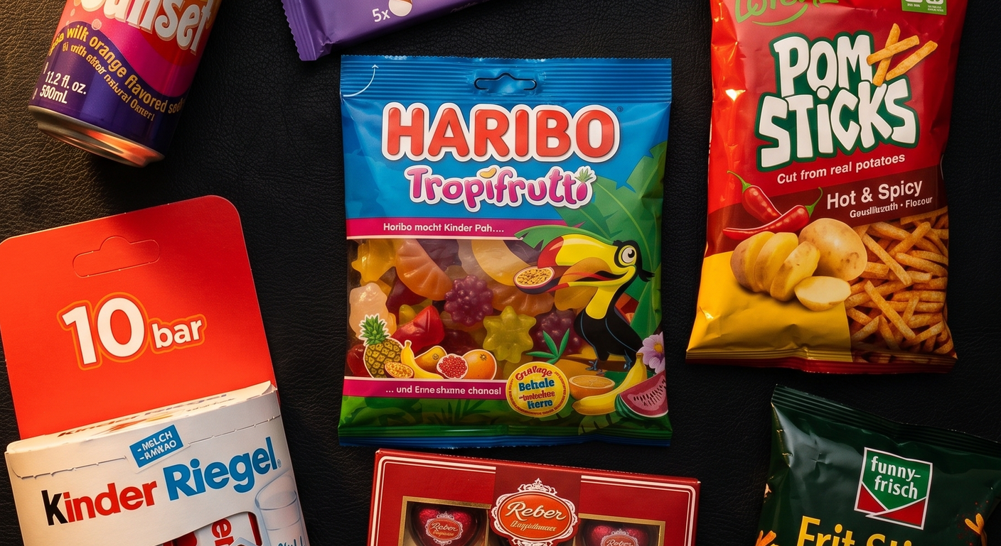 Kleines Deutschland mystery box open showing imported German snacks, Milka chocolate bars, Haribo gummies and drinks